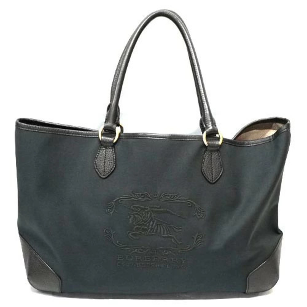 BURBERRY Tote Bag Shadow Black Horse Canvas Leather Logo Black Embroidered